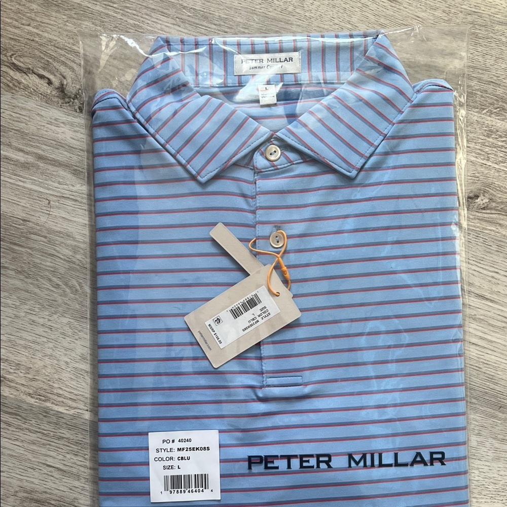 Peter Millar Light Blue and Red Striped Polo
